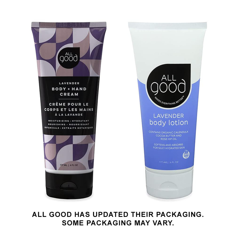 All Good Hand & Body Lotion - Moisturizing Organic Lotion For Dry Skin - Lavender Oil, Cocoa Butter, Rosehip Oil, Arnica, Vitamin E - Non-Greasy Body Butter, 6 Fl Oz (Lavender)