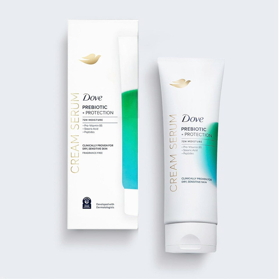 Dove Body Cream Serum Prebiotic + Protection For Dry, Sensitive Skin, With Pro-Vitamin B5, Stearic Acid And Peptides Lotion, 8 Oz