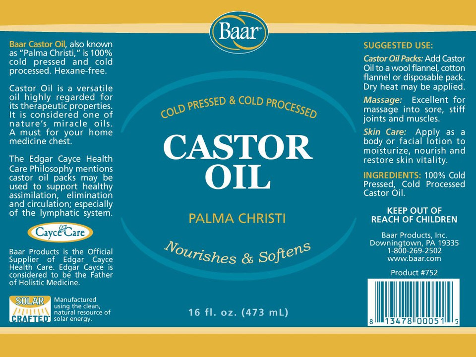 Baar Products Castor Oil - Cold Pressed - Hydrates Skin, Soothes Muscles & Joints, Moisturizes Body, And Renews Hair & Scalp - Hexane Free, 16 Fl Oz