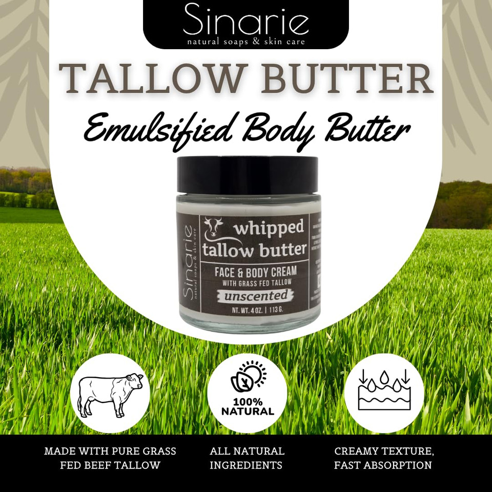 Grass-Fed Beef Tallow Body Butter - Emulsified, Non-Greasy Moisturizer, 4 Oz Soaps & Skin Care (4 Oz., Unscented)