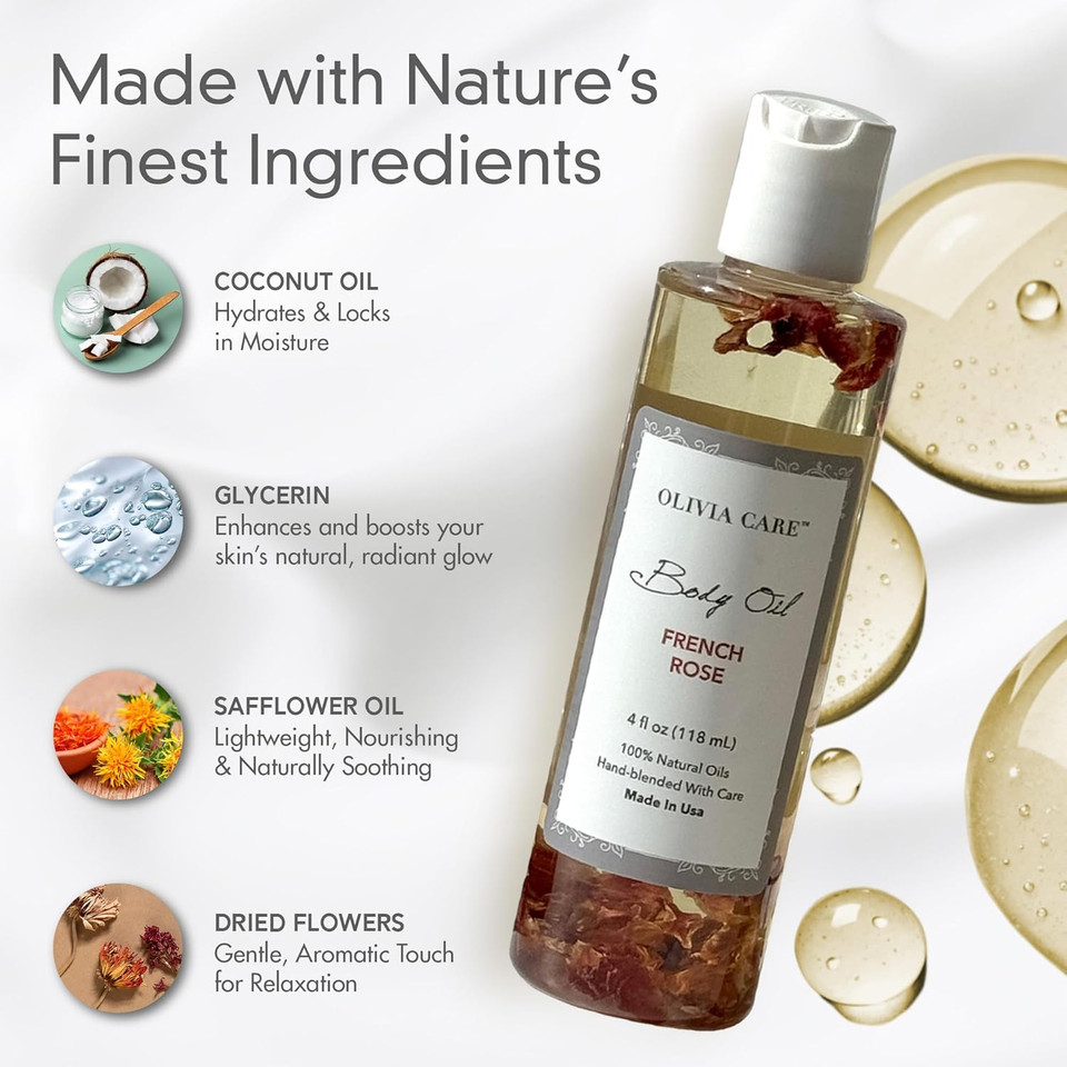 Olivia Care Body Oil - Natural Perfume Oil For Women | Hydrating & Moisturizing After Bath Oil - Infused With Vitamin E, K & Omega Fatty Acids - Reduce Dry Skin (French Rose)