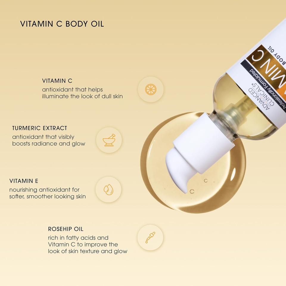 Advanced Clinicals Vitamin C Illuminating Body Oil For Women & Men |Vitamin C Oil Skin Care Body Moisturizer With Vitamin E + Botanicals To Help Improve Appearance Of Dark Spots + Dry Skin, 3.8 Fl Oz
