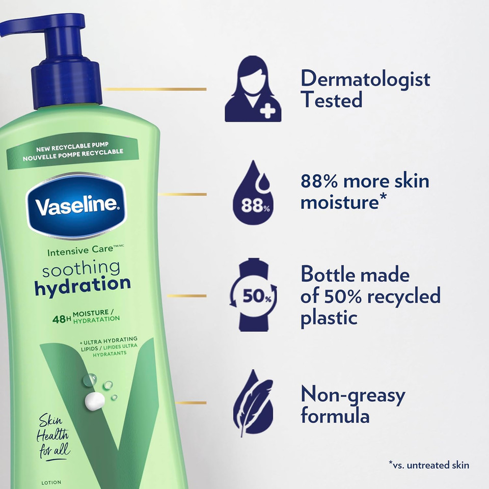 Vaseline Intensive Care Body Lotion 4 Count Soothing Hydration For Dry Skin With Ultra-Hydrating Lipids + 1% Aloe Vera Extract To Refresh Dehydrated Skin 20.3 Oz