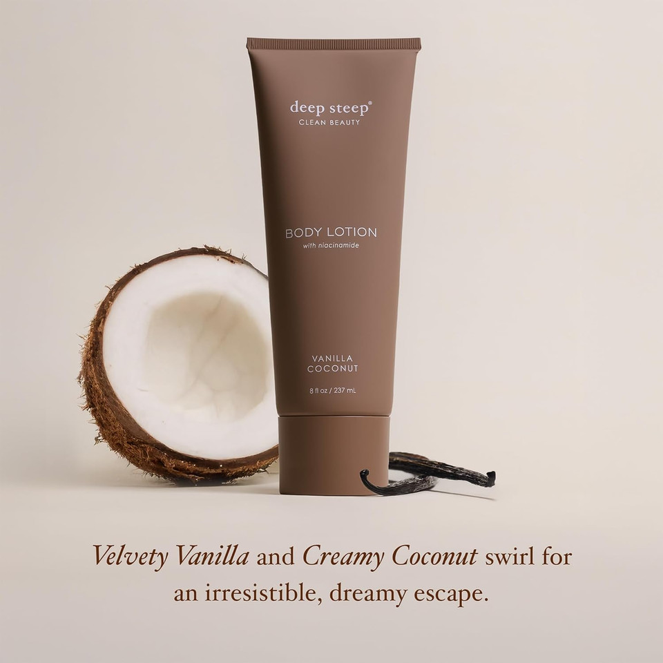 Deep Steep Body Lotion, Vanilla Coconut, 8 Oz  Moisturizer With Coconut Oil, Shea Butter, Argan Oil, Aloe Vera & Niacinamide  Vegan, Clean Beauty, Daily Skin Hydration