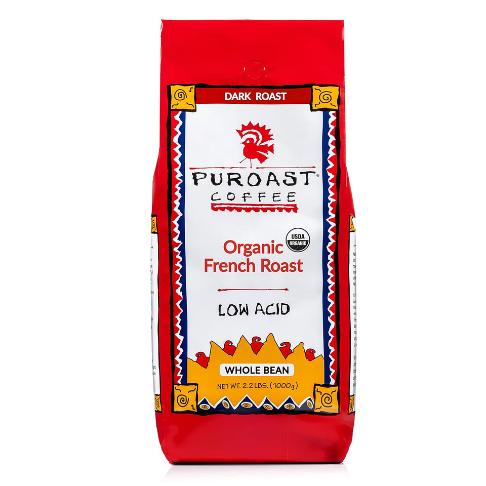 Puroast Low Acid Coffee Whole Bean, Organic French Roast, Dark Roast, Certified Low Acid Coffee, 5.5+ Ph, Gut Health, 2.2 Lb, Higher Antioxidant, Smooth For Espresso, Iced Coffee