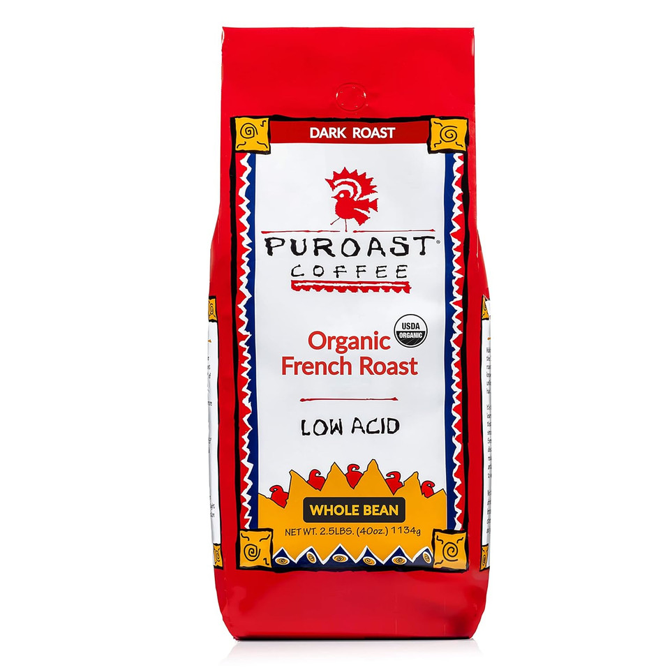 Puroast Low Acid Coffee Whole Bean, Organic French Roast, Dark Roast, Certified Low Acid Coffee, 5.5+ Ph, Gut Health, 2.2 Lb, Higher Antioxidant, Smooth For Espresso, Iced Coffee