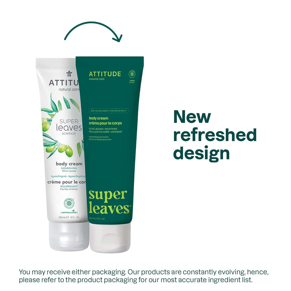 Attitude Body Cream, Ewg Verified Moisturizer, Vegan Moisturizing Products For Dry Skin, Dermatologically Tested, Olive Leaves, 8 Fl Oz