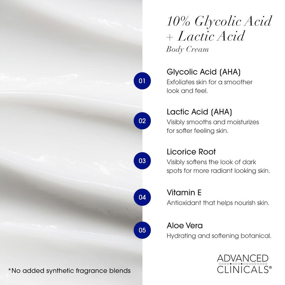 Advanced Clinicals 10% Glycolic Acid + Lactic Acid Lotion Exfoliant Moisturizing Cream With Hyaluronic Acid Moisturizer | Aha Exfoliating Body Cream Improves Look Of Uneven Rough Skin Texture, 16 Oz Advanced Clinicals 10% Glycolic Acid + Lactic Acid Lotion Exfoliant Moisturizing Cream With Hyaluronic Acid Moisturizer | Aha Exfoliating Body Cream Improves Look Of Uneven Rough Skin Texture, 16 Oz