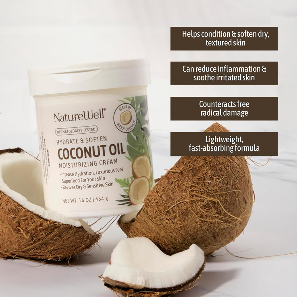 Nature Well Hydrate & Soften Coconut Oil Moisturizing Cream For Face, Body, & Hands, Non-Greasy, Intense Hydration & Luxurious Feel, Revives Dry & Sensitive Skin, Superfood For Your Skin, 10 Oz