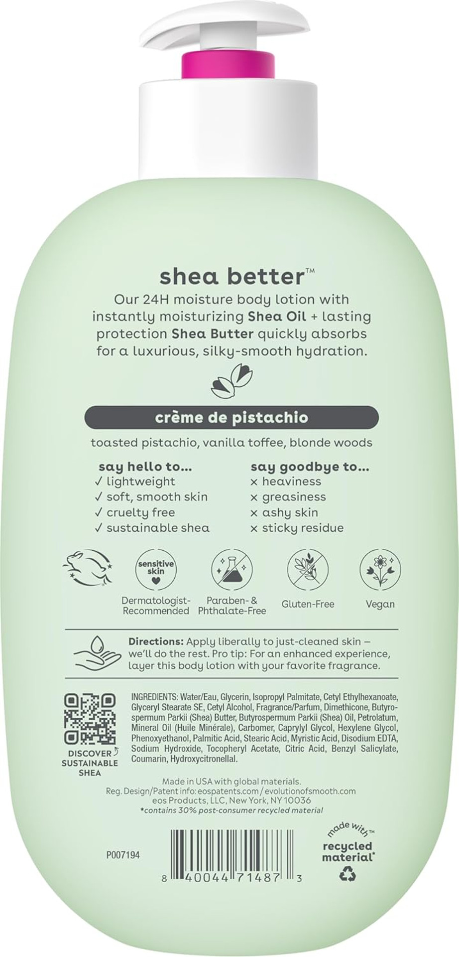 Eos Shea Better Body Lotion- Crème De Pistachio, 24-Hour Moisture Skin Care, Lightweight & Non-Greasy, Made With Natural Shea, Vegan, 16 Fl Oz