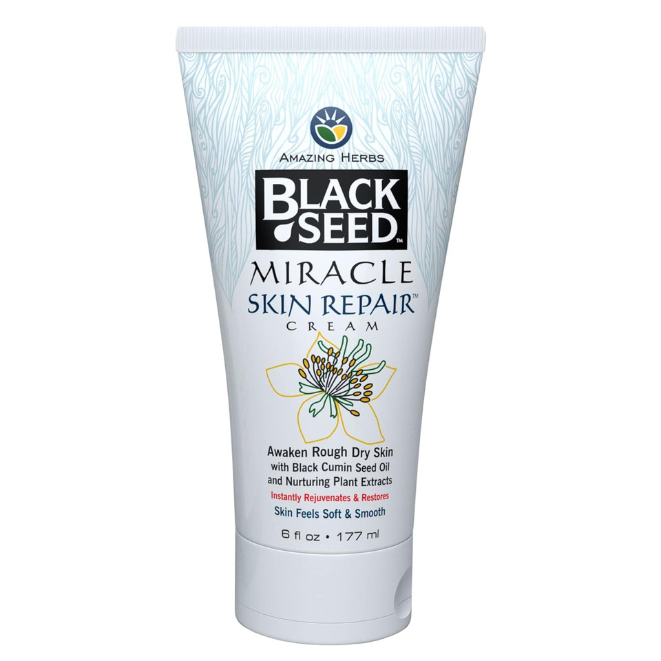Amazing Herbs Black Seed Miracle Skin Repair Cream - Non-Allergenic Formula, Black Cumin Seed Oil, Vitamin E, And Other Essential Oils Support Collagen & Elastin Production - 6 Fl Oz