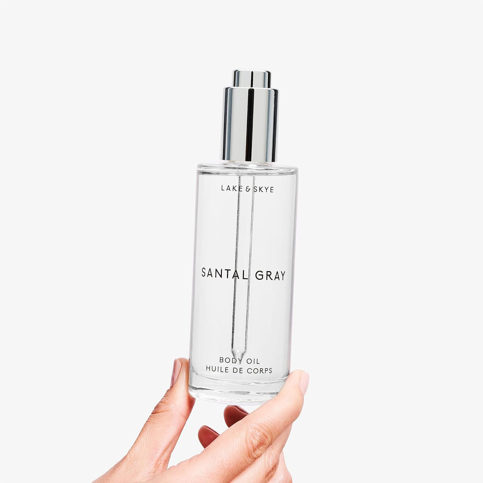 Lake & Skye Santal Gray Body Oil, 3.4 Fl Oz (100 Ml), Hydrating With Vitamin E & Sweet Almond Oil - Woody Scent