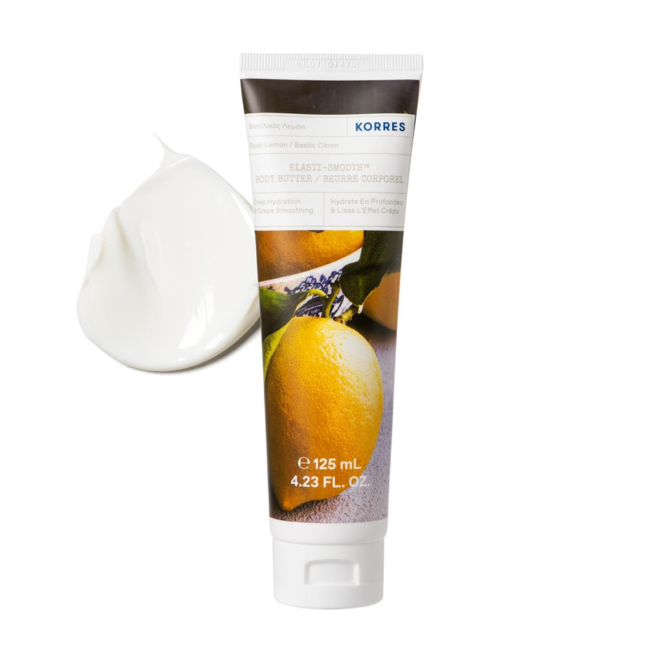 Korres Elasti-Smooth Basil Lemon Body Butter With Shea Butter, Squalane And Greek Safflower Oil For Velvety Skin Texture, Fast Absorbing Whipped Moisturizer With Herbal Citrus Scent, 4.23 Fl Oz