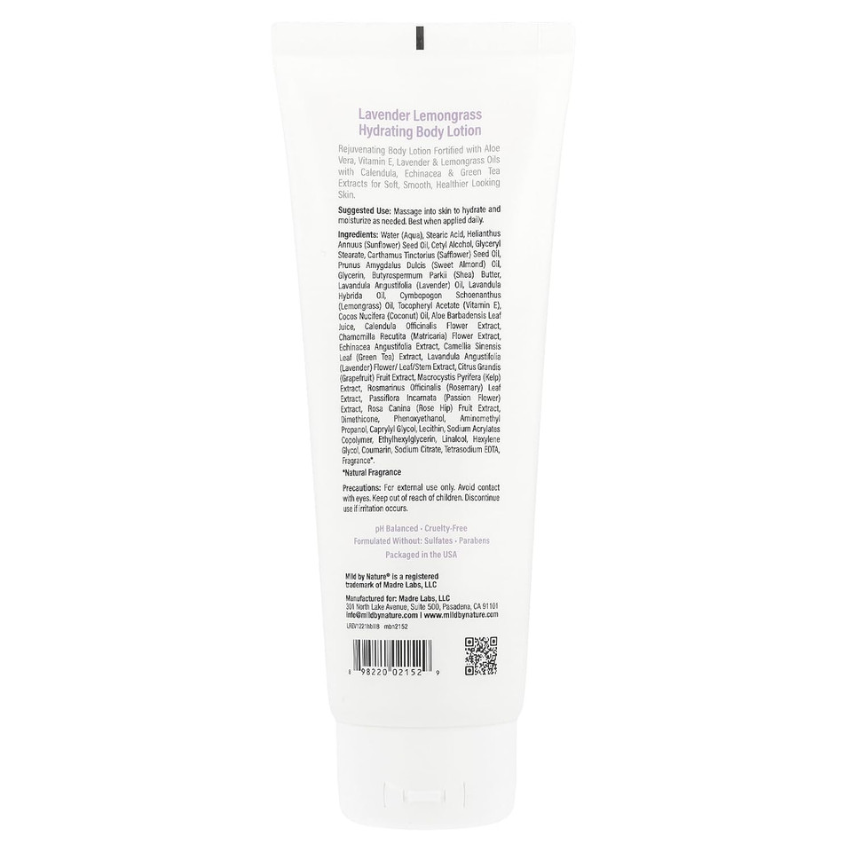 Hydrating Body Lotion By Mild By Nature - Moisturizer With Aloe Vera & Vitamin E, Plus Green Tea Extract - Cruelty Free - No Sulfates, Parabens Or Phthalates - Lavender Lemongrass - 8 Fl Oz (236 Ml)
