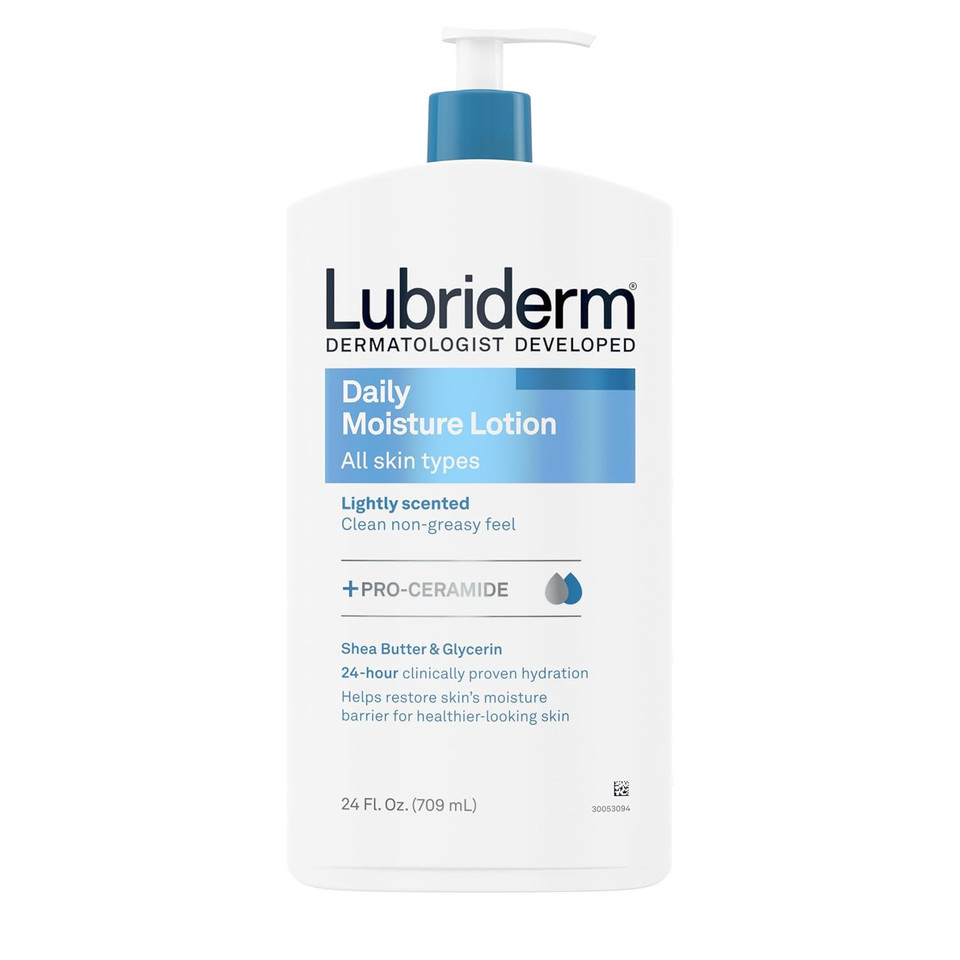 Lubriderm Daily Moisture Lotion + Pro-Ceramide, Shea Butter & Glycerin, Hydrating Face, Hand & Body Lotion, 24-Hour Moisturizer For Dry Skin, Paraben & Dye Free, Scented, Non-Greasy, 24 Fl Oz