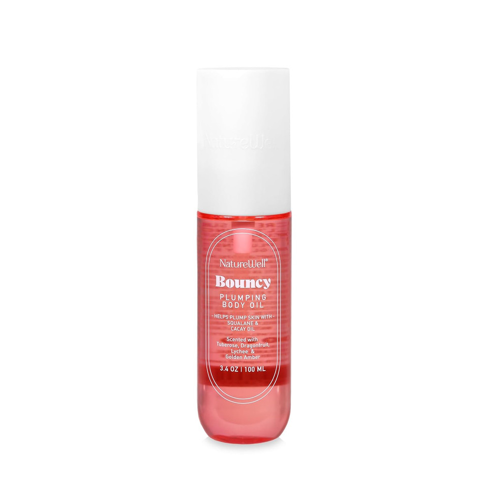 Nature Well Bouncy Plumping Body Oil, Fast-Absorbing Formula Designed To Support Skin Elasticity, Smoothness, & Bounce, Scented With Tuberose, Dragonfruit, Lychee &Golden Amber, 3.4 Oz