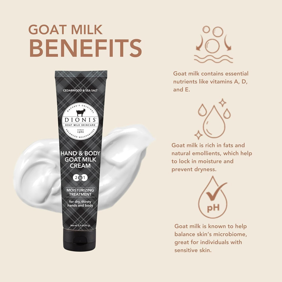 Dionis Goat Milk Skincare Scented Hand & Body Cream - Travel Size Lotion For Hydrating & Moisturizing Dry And Sensitive Skin, Cruelty Free, Paraben Free Made In The Usa, Cedarwood & Sea Salt, 3.3 Oz