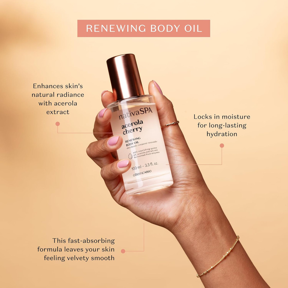 Nativa Spa By O Boticario Acerola Cherry Renewing Body Oil, Luminous Glow & Deep Hydration, 3.38 Ounce (100Ml)