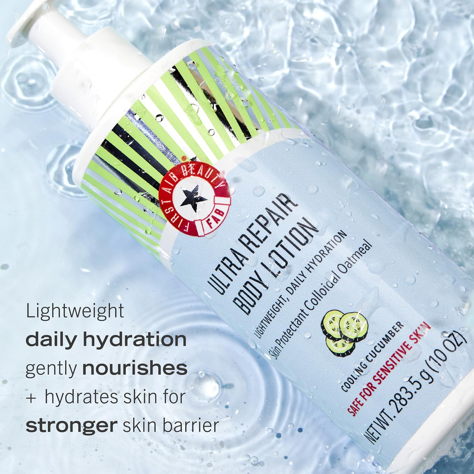 First Aid Beauty - Ultra Repair Body Lotion, Lightweight Daily Hydration Skin Protectant Colloidal Oatmeal, Gentle Eczema Nourishment & Dry Skin Moisturizer, Safe For Sensitive Skin, Unscented, 10 Oz