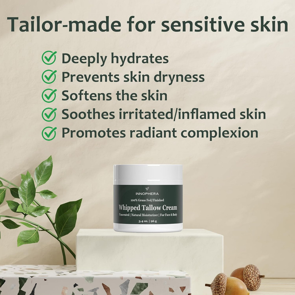 Whipped Beef Tallow Cream For Skin Care - Grass Fed & Grass Finished - 100% Natural Moisturizer For Sensitive Skin - Handmade Face & Body Lotion - Unscented & Odorless - 1.4 Oz