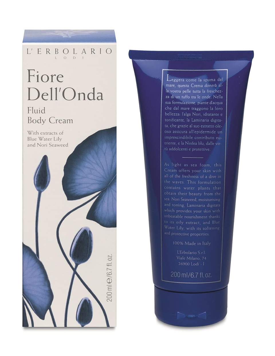 LErbolario Fiore DellOnda Fluid Body Cream - Dry Skin Moisturizing Cream With Vitamin E - Seaweed And Water Lily - Fresh, Marine Fragrance - 6.7 Oz