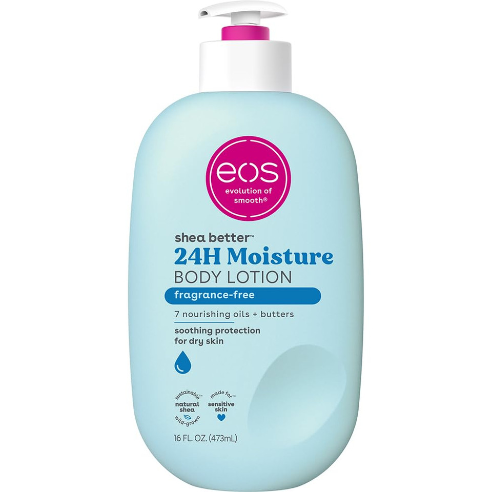 Eos Shea Better Body Lotion Fragrance Free, 24-Hour Hydration Skin Care, Lightweight & Non-Greasy, Natural Shea, Vegan, Unscented Body Lotion, 16 Fl Oz