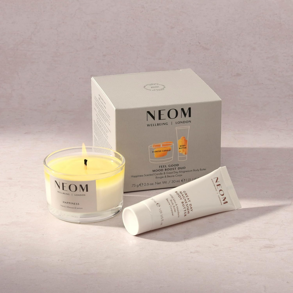 Neom- Feel Good Mood Boost Duo Gift Set | Happiness Scented Candle & Great Day Magnesium Body Butter