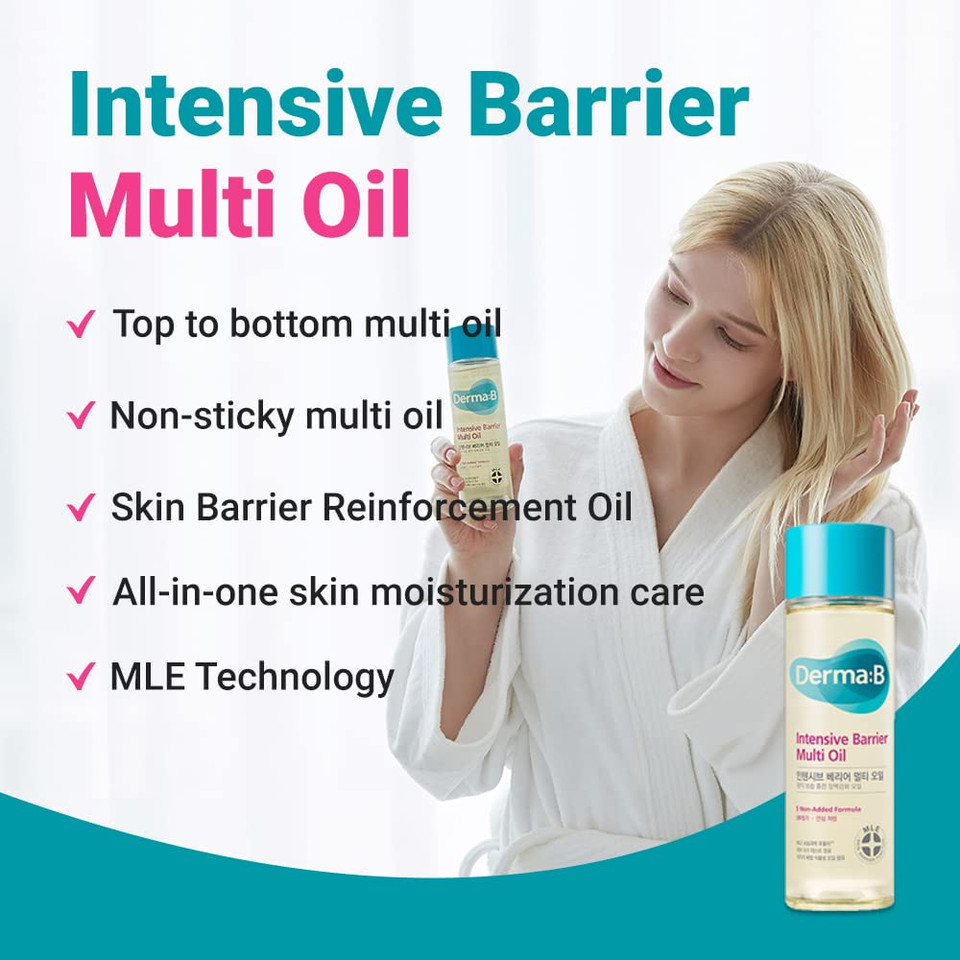 Derma B | Intensive Barrier Multi Body Oil | Moisturizing Non-Sticky Multi-Use Oil After Shower | 10 Botanical Skin Oil For Sensitive Skin | Korean Body Oils For Women & Men | 4.56 Fl Oz (135Ml)