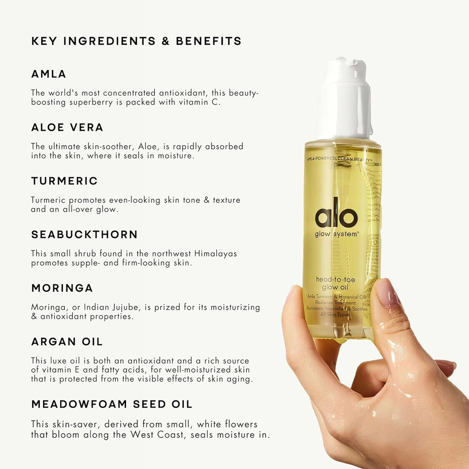 Alo Head-To-Toe Glow Oil | Glow-Boosting Natural Dry Body Oil | Jojoba, Amla, Aloe & Vitamin E | Hydrates & Nourishes Skin | Citrus Scent | 0.7 Oz