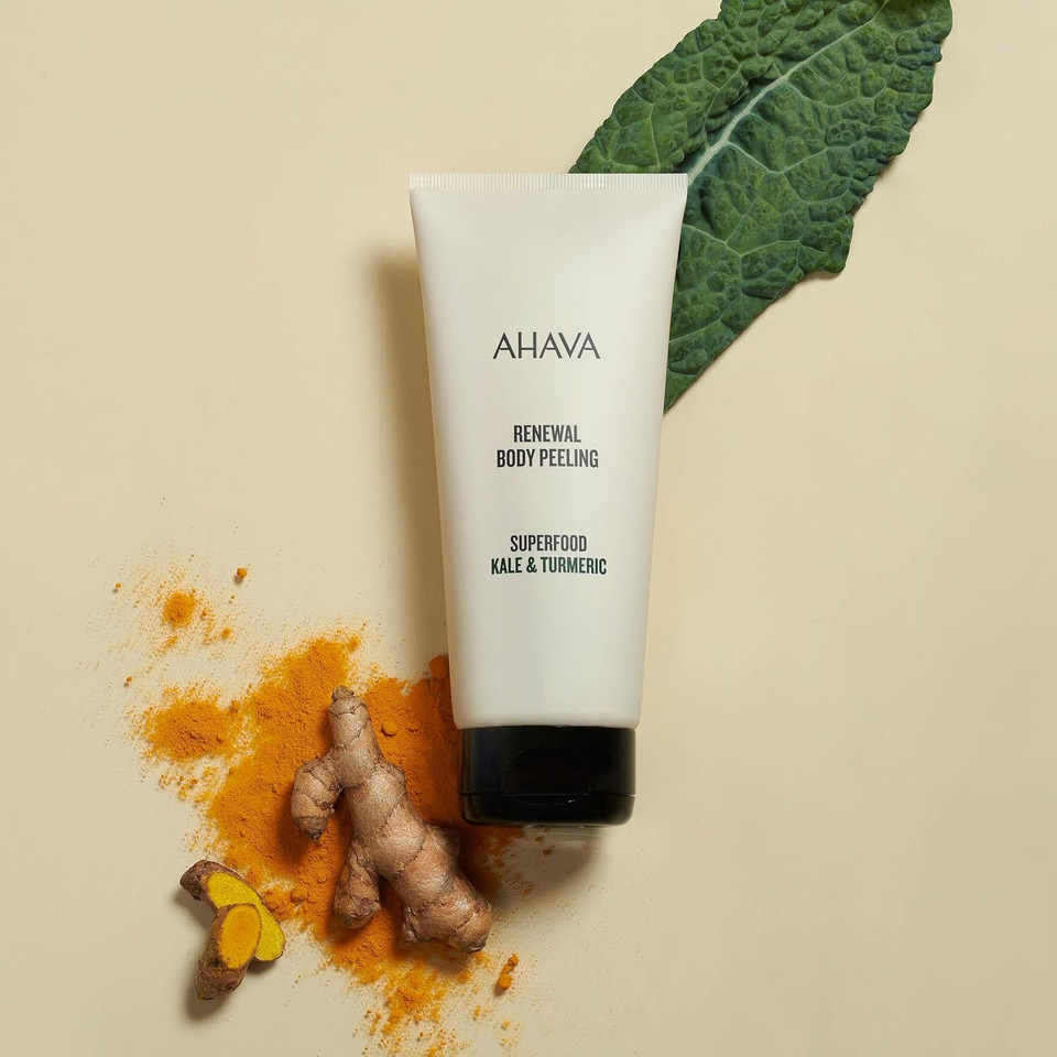 Ahava Superfood Kale & Turmeric Smoothing Anti-Aging Body Scrub - In-Shower Gel Peel To Detox & Renew The Skin, Reinforces The SkinS Natural Barrier With Anti-Aging Kale,Turmeric & Osmoter, 6.8 Fl.Oz