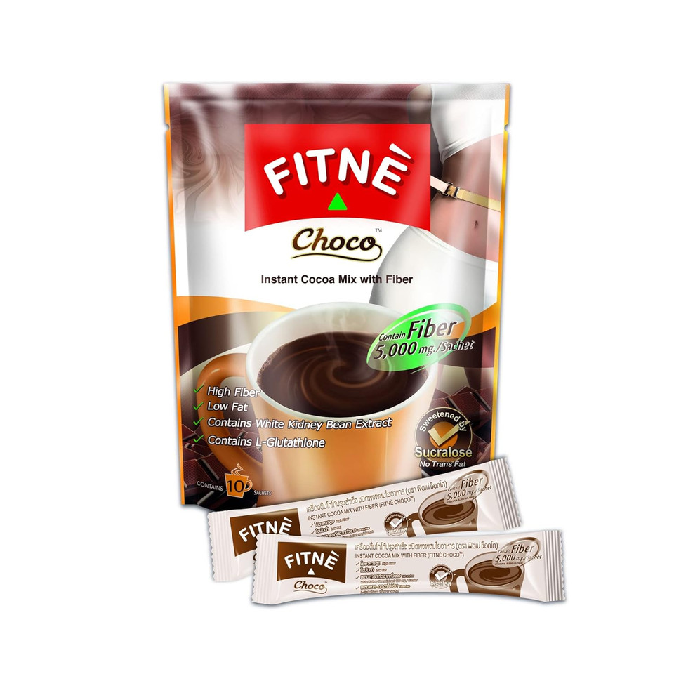 Fitne Instant Choco Mix With Fiber Filling White Kidney Bean Extract Smooth Taste Chocolate Drink No Sugar Sucralose Sweetener, 10 Sachets