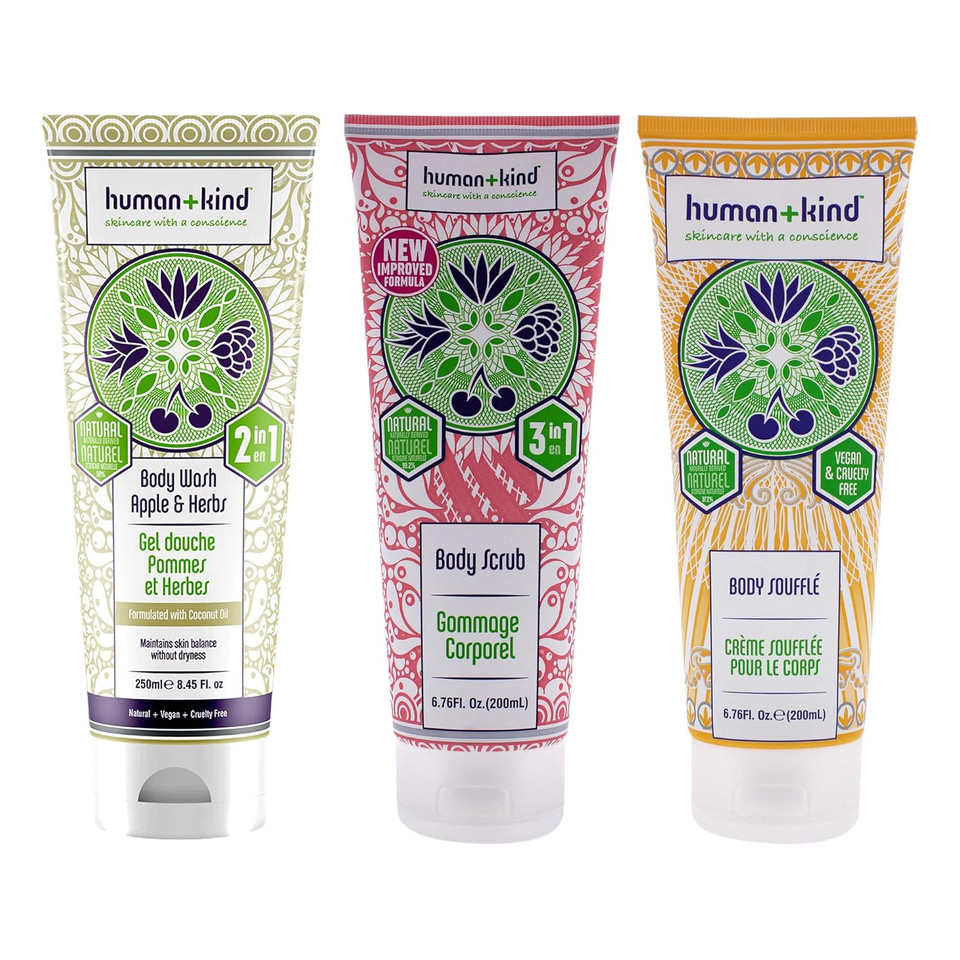 Body Wash - Apple And Herbs And Scrub And Souffle Cream Kit By Human+Kind For Unisex - 3 Pc Kit 8.45 Oz Body Wash, 6.76 Oz Scrub, 6.76 Oz Body Cream