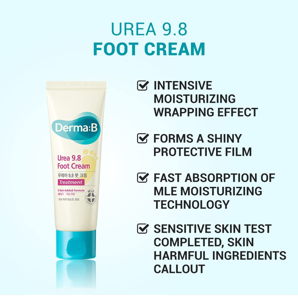 Derma B | Urea 9.8% Foot Cream | Foot Lotion For Dry Cracked Heel Treatment | Camellia Oil, Urea Cream For Feet | Hypoallergenic Leg Cream For Sensitive Skin | Woody Scent Foot Care | 2.7 Fl Oz (80Ml)