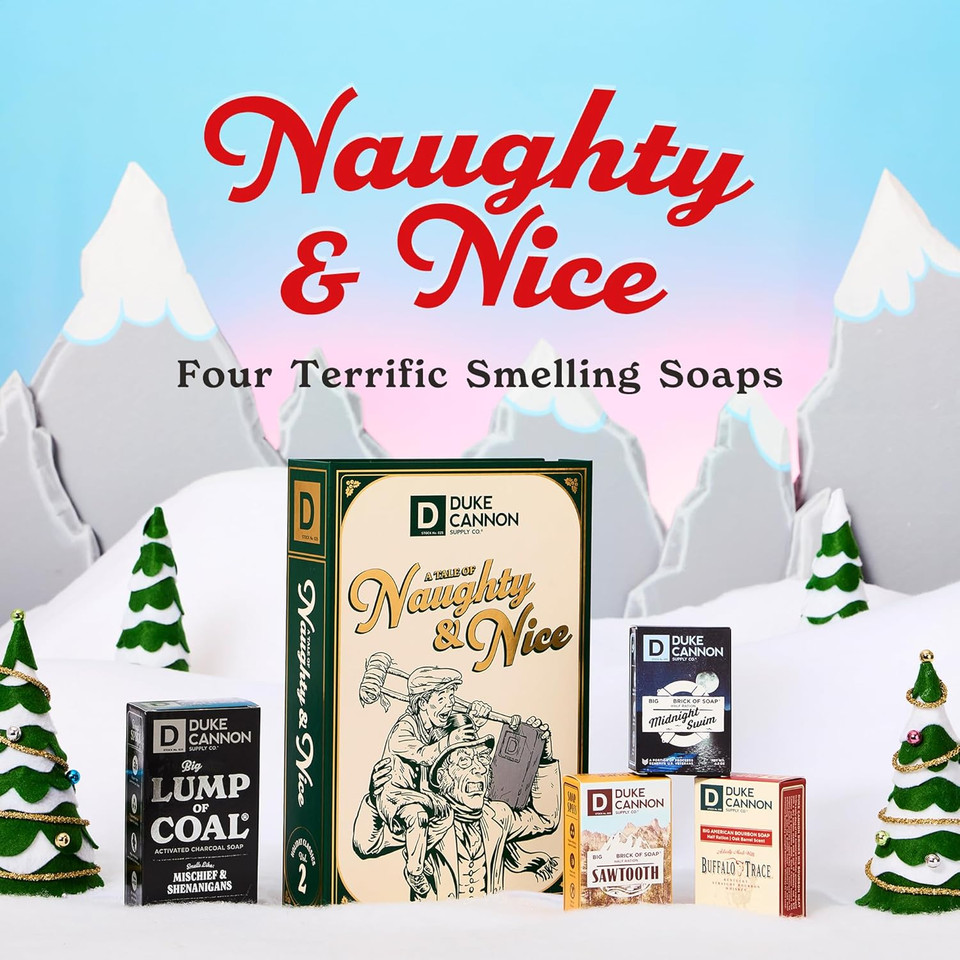 Duke Cannon Supply Co. Holiday Naughty & Nice Gift Set - Full Size Lump Of Coal Soap & 3 Junior Soaps (American Bourbon, Sawtooth, Midnight Swim)