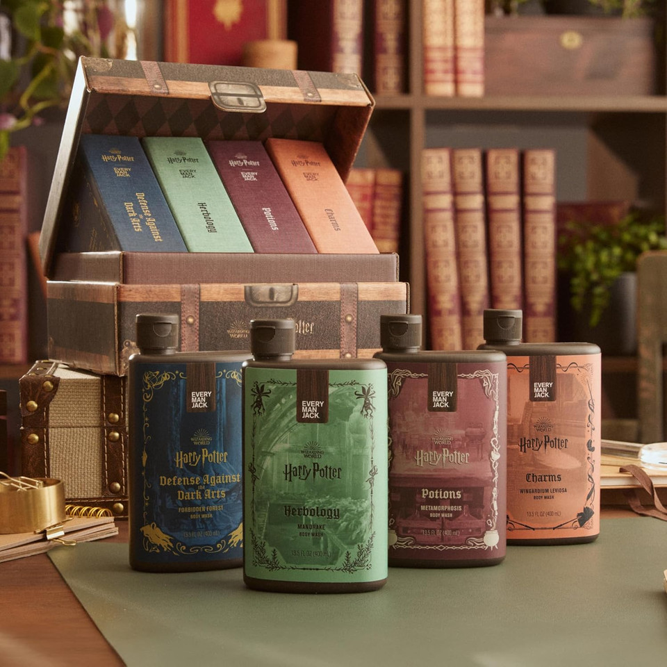 Every Man Jack Harry Potter Collectors Body Wash Gift Set - Includes 4 Body Washes With Clean Ingredients & Hogwarts Inspired Scents - Forbidden Forest, Charms, Herbology, Potions