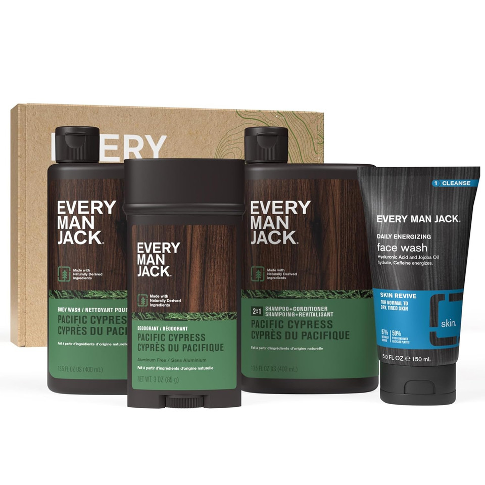 Every Man Jack MenS Pacific Cypress Bath And Body Gift Set - Clean Ingredients & Conifer Branches, Sea Salt, And Citrus Scent - Body Wash, 2-In-1 Shampoo, Deodorant & Face Wash