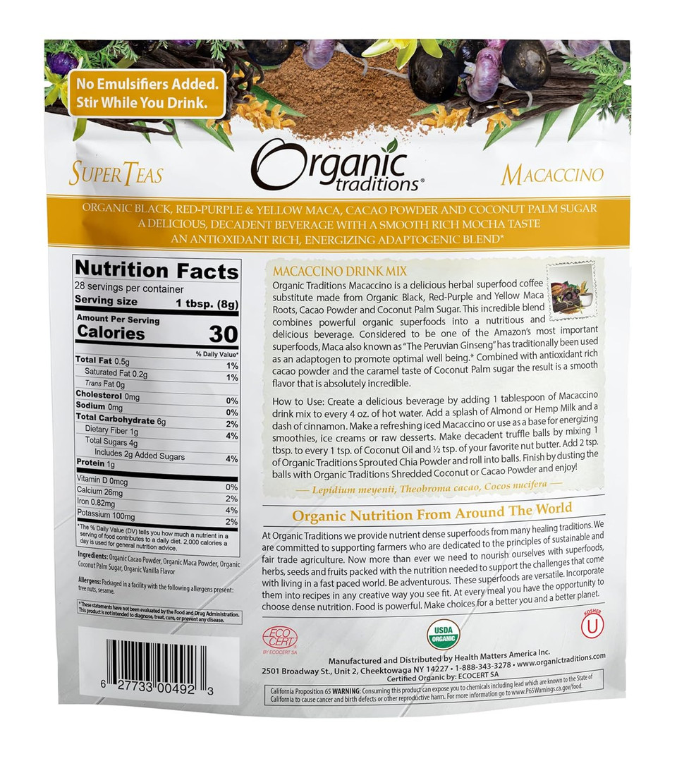 Organic Traditions Macaccino Drink Mix - 8Oz - Maca Root & Cacao Powder Blend