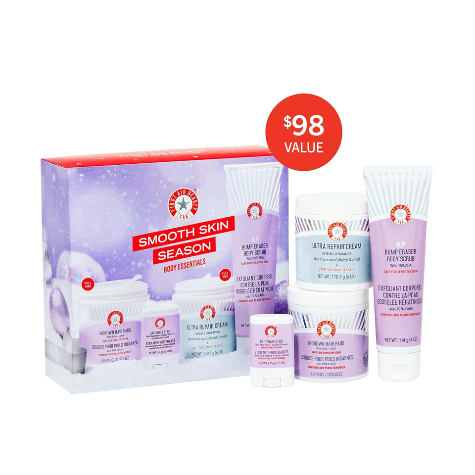 First Aid Beauty - Smooth Skin Season: Kp Bump Eraser Body Scrub, 4Oz, Ultra Repair Cream, 6Oz, Anti-Chafe Stick, 0.35Oz, Ingrown Hair Pads, 60 Pads, Deep Hydration & Exfoliating Body Essentials, 4Ct