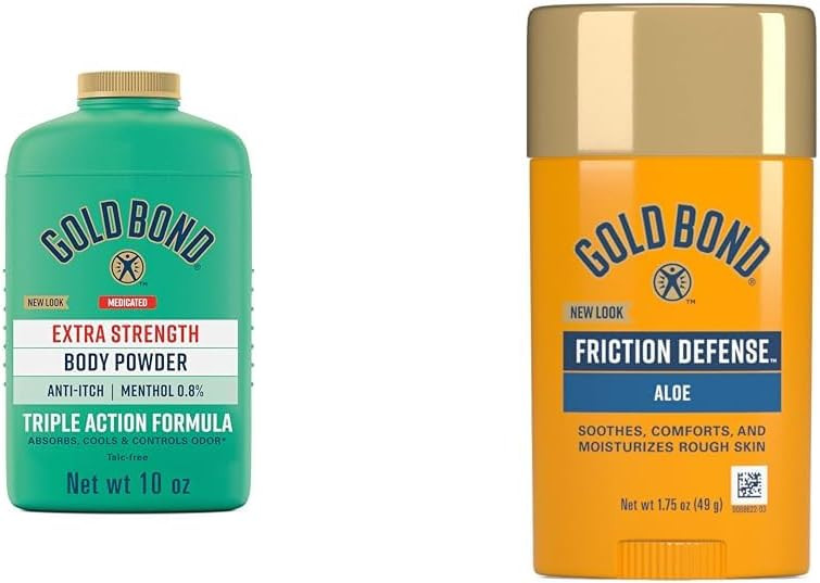 Gold Bond Medicated Talc-Free Extra Strength 10 Oz Body Powder & 1.75 Oz Friction Defense Stick Bundle For Itch Relief & Skin Protection