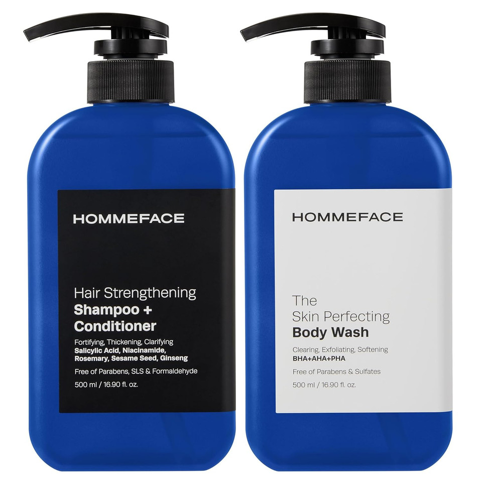 Hommeface Triple Action Shower Kit For Men - Hair & Body Wash Set Includes A 2-In-1 Hair Strengthening Shampoo + Conditioner & Body Wash With Pump For Acne-Prone Skin Hommeface Triple Action Shower Kit For Men - Hair & Body Wash Set Includes A 2-In-1 Hair Strengthening Shampoo + Conditioner & Body Wash With Pump For Acne-Prone Skin