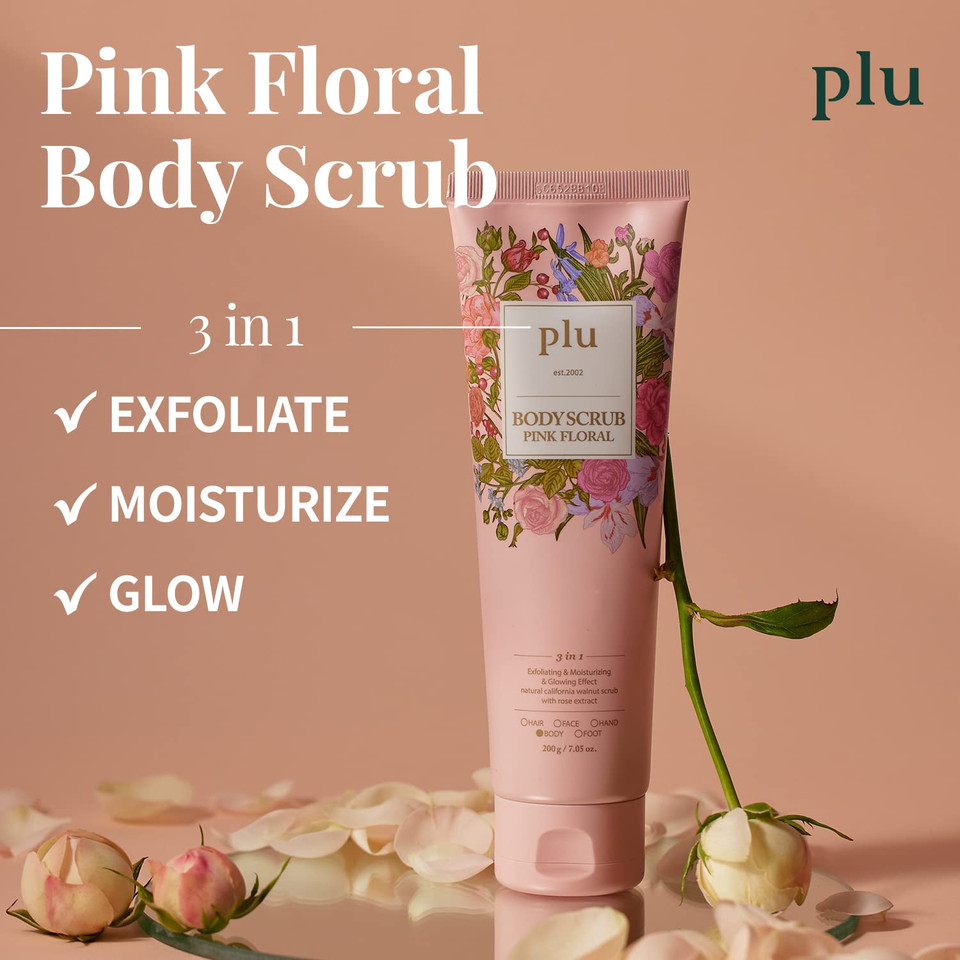 Plu Korean Walnut Body Scrub Pink Floral With Manuka Honey - Exfoliating & Moisturizing & Firming Glow - For Acne, Cellulite, Stretch Marks, Spider Veins, Fresh & Elegance Rose Scent 6.76 Oz