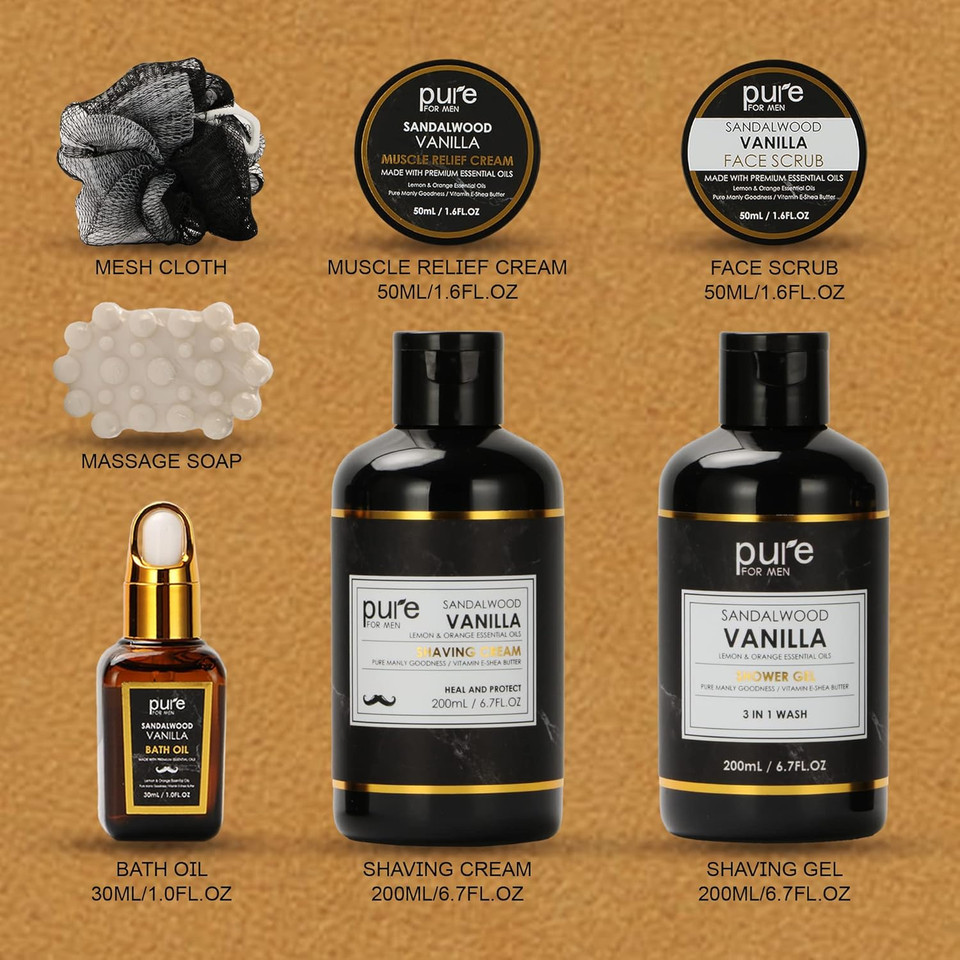 Pure Mens Bath And Body Gift Set. 7 Pc Natural Spa Gift Basket For Men. Spa Gift Set Is #1 Ideal Gift For Men That Care About Themselves!