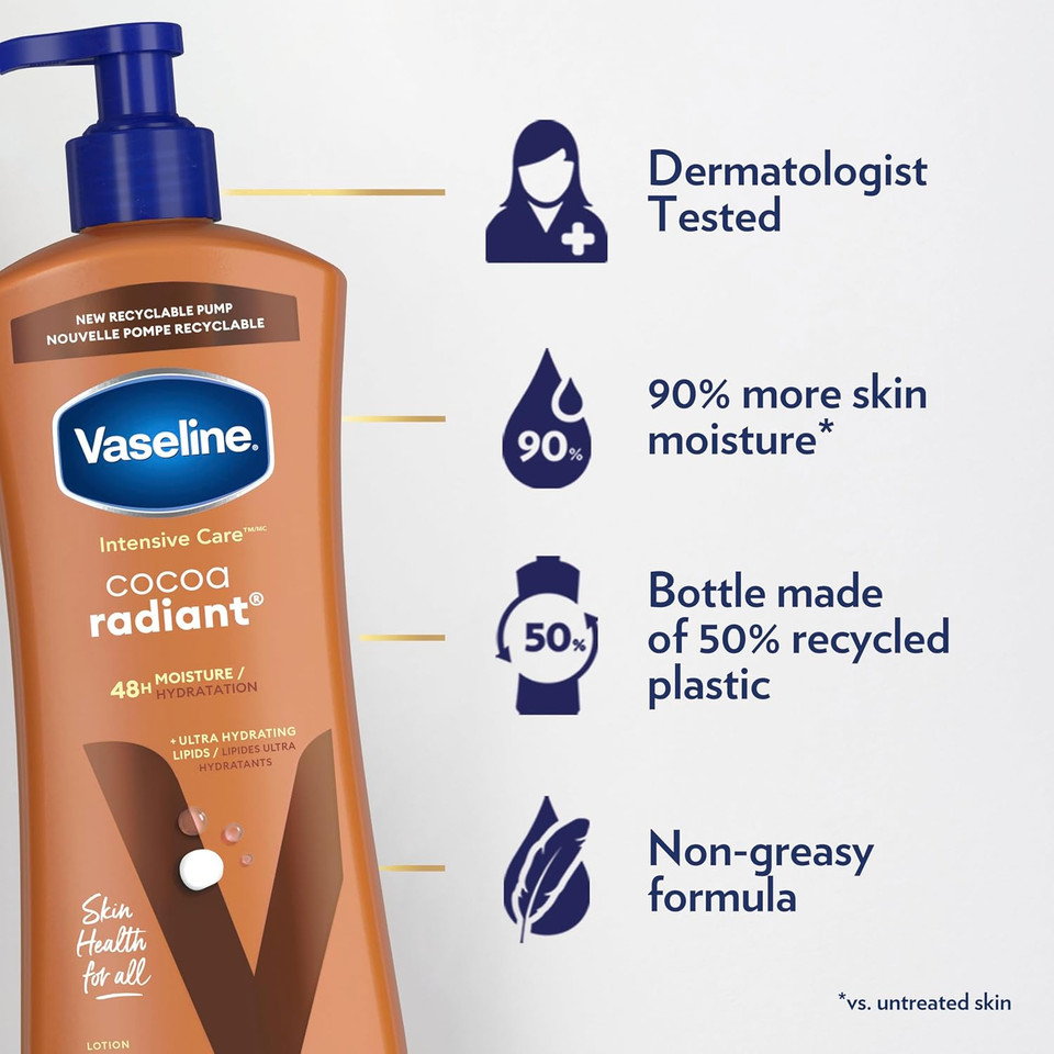 Vaseline Intensive Care Body Lotion Cocoa Radiant 3 Count For Dry Skin Lotion Made With Ultra-Hydrating Lipids And Pure Cocoa Butter For A Long-Lasting, Radiant Glow 20.3 Oz