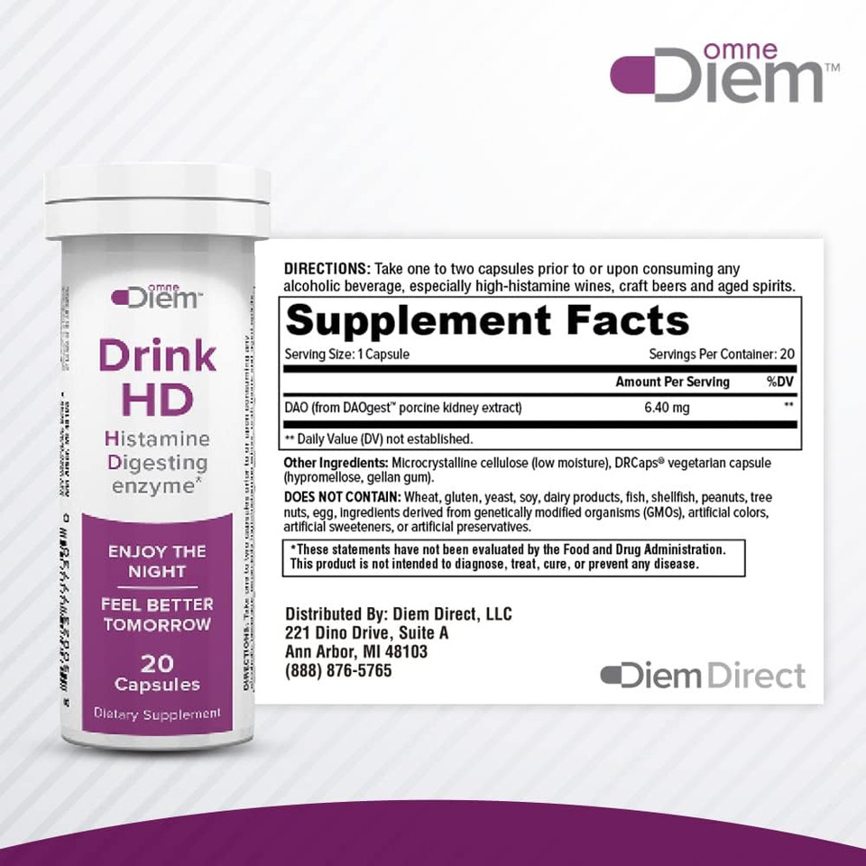 Omne Diem Drink Hd Dietary Supplement: Natural Histamine Neutralizing & Digesting Enzyme  6.4Mg Diamine Oxidase (Dao), 20 Capsules