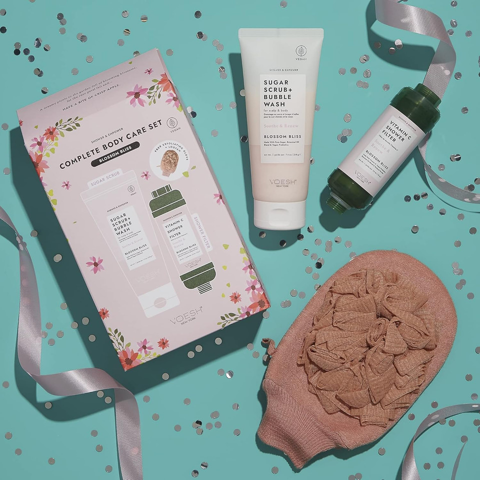 Voesh Shower + Empower Set- Shower Products, Sugar Scrub, Body Wash, Body Scrub, Vegan Beauty, Nourishing And Hydrating Skincare, At Home Spa