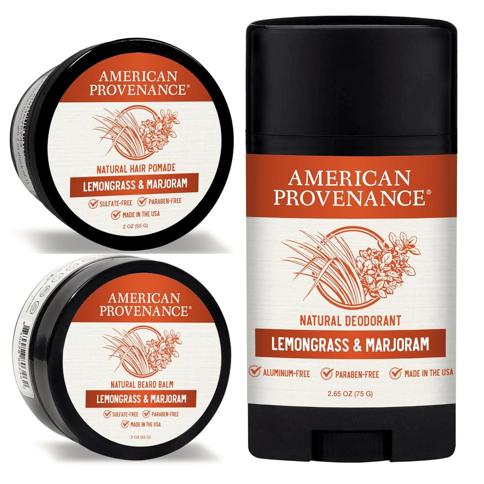 American Provenance Lemongrass & Marjoram Deodorant, Hair Pomade And Beard Balm Bundle
