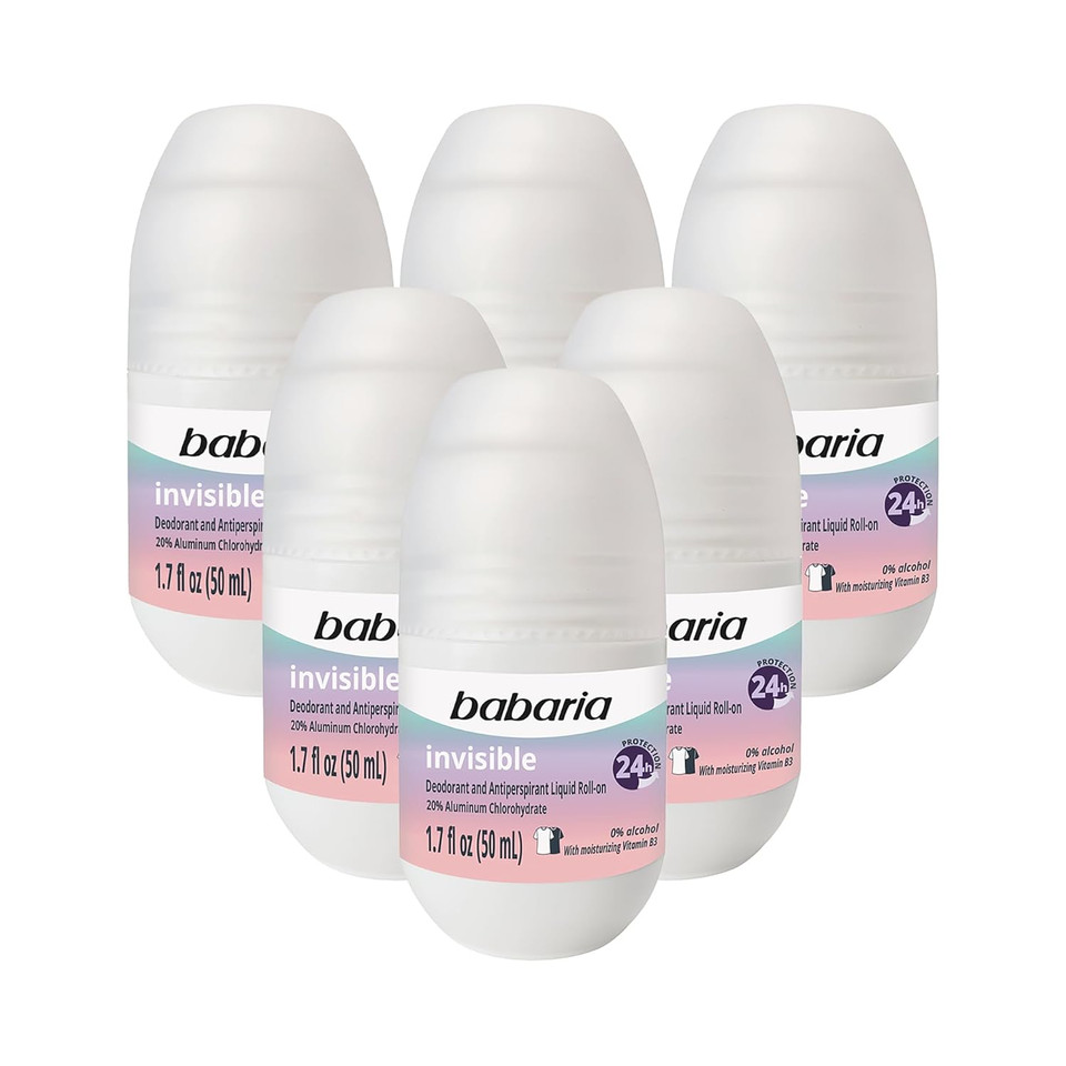 Babaria Roll-On Deodorant, Invisible - Antiperspirant For Women And Men - 24-Hour Protection With Vitamin B3 - Hydrating Anti Sweat Deodorant - 6 Pc