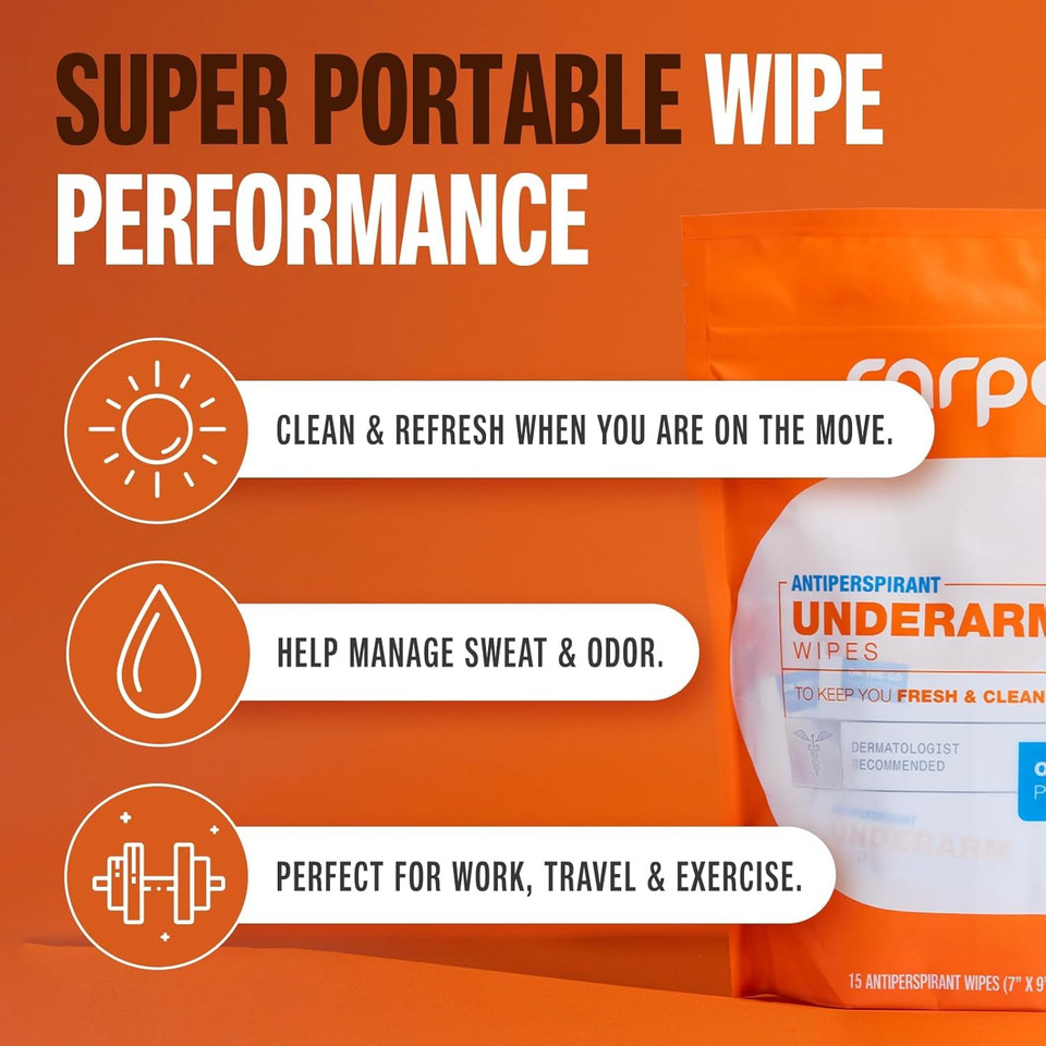 Carpe Antiperspirant Underarm Wipes For Sweat Blocking, Deodorizing, And Cleansing When YouRe On The Move - 15 Residue Free, Individually Wrapped Wipes - Clean And Refreshing Scent