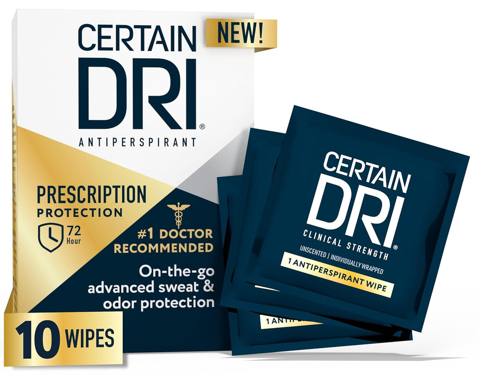 Certain Dri Antiperspirant Wipes For Excessive Sweating & Hyperhidrosis  72Hr Clinical Strength Odor & Perspiration Protection, Travel-Friendly, Dermatologist Recommended, (10 Count)