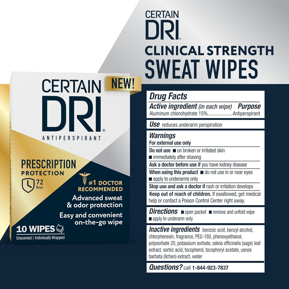 Certain Dri Antiperspirant Wipes For Excessive Sweating & Hyperhidrosis  72Hr Clinical Strength Odor & Perspiration Protection, Travel-Friendly, Dermatologist Recommended, (10 Count)